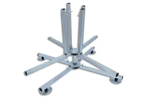 Faltbarer Abroller aus Aluminium, bestehend aus einem stabilen Standfuß mit mehreren abgewinkelten Haltestangen. Hergestellt von der Marke Roth.